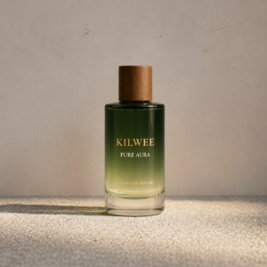 Perfume bottle with a green gradient glass and a wooden cap, labeled 'KILWEE PURE AURA' on a textured surface.