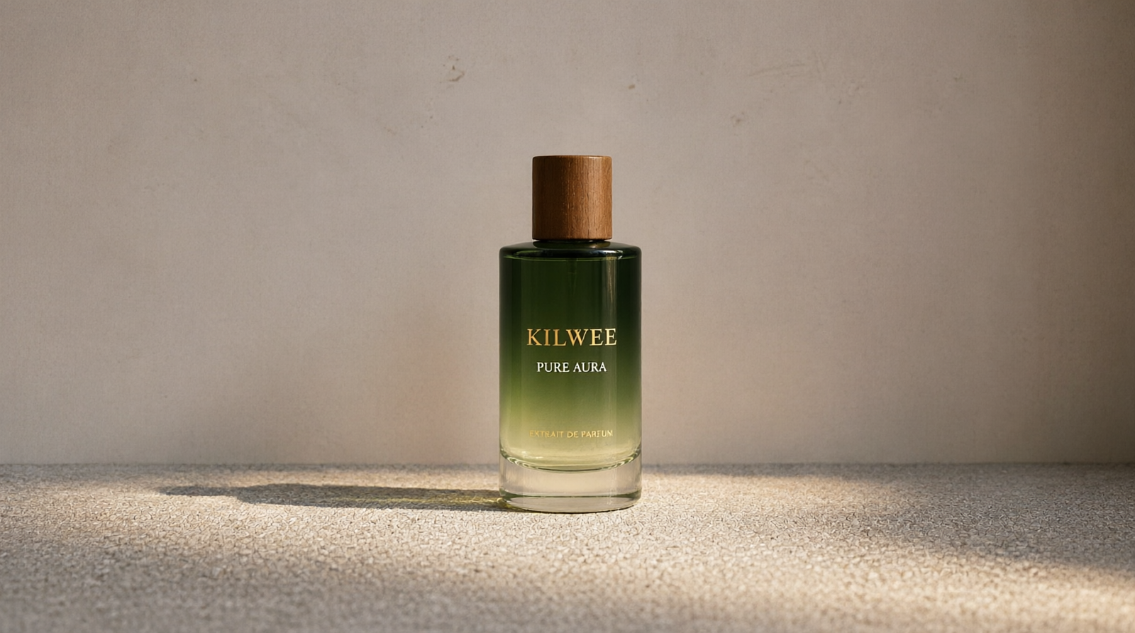 Perfume bottle with a green gradient glass and a wooden cap, labeled 'KILWEE PURE AURA' on a textured surface.